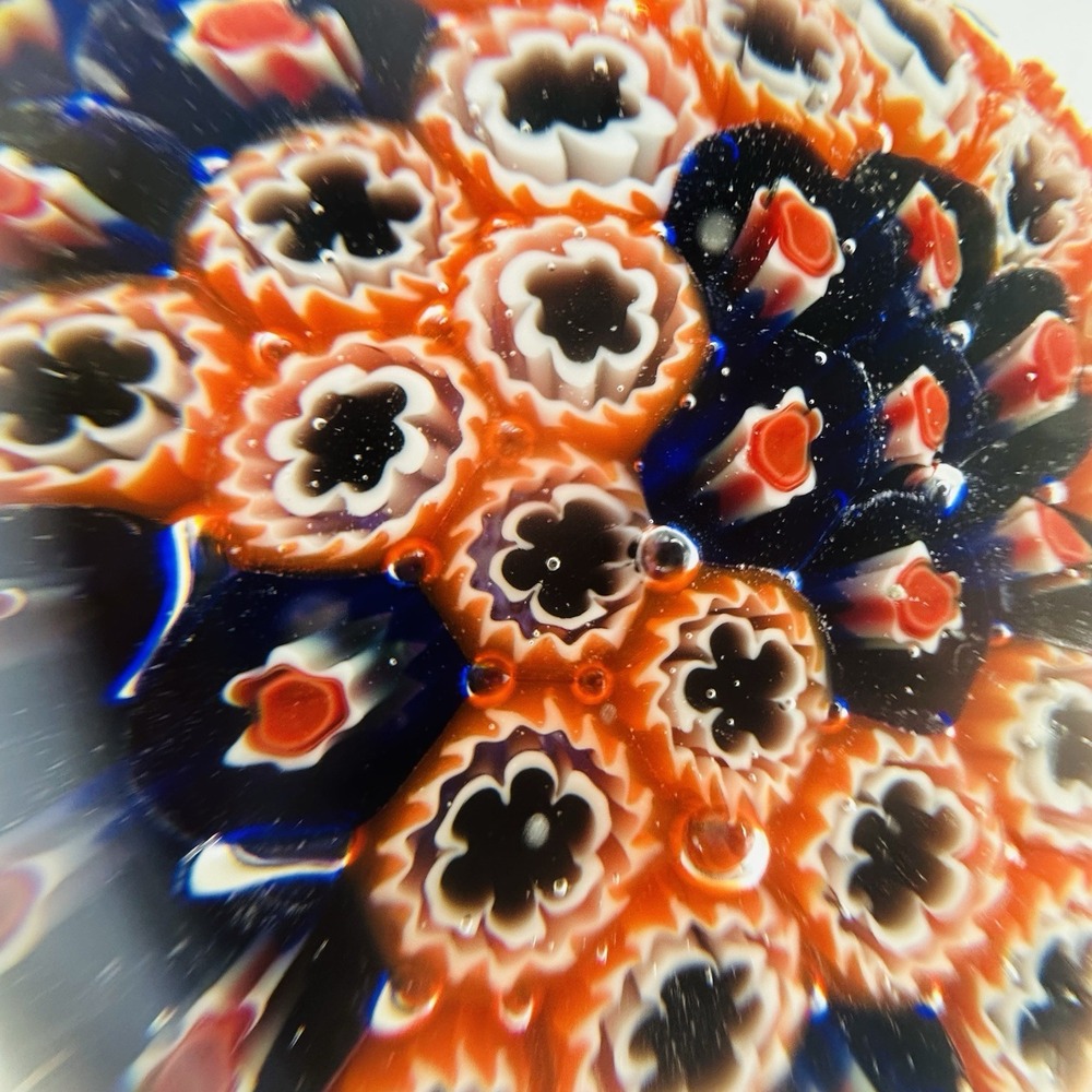 Vintage Millefiori Art Glass Paperweight Blue Red White,Floral Groovy MCM Decor - Picture 7 of 11
